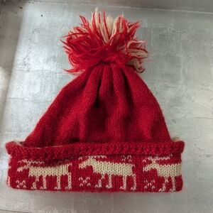 Vintage Vermont Hand Knit Red Cream  Pom-Pom Hat With Reindeer Unisex